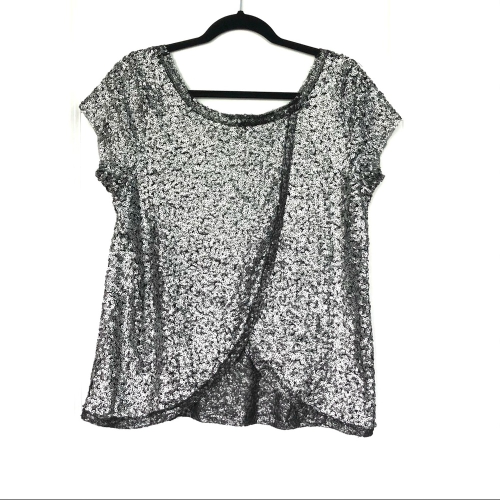 Free People Silver Sequin Draped Short Sleeve Top